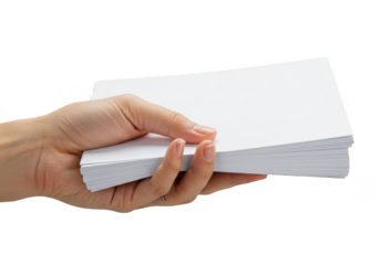 Hand Holding Stack of White Paper Sheets on Transparent Background
