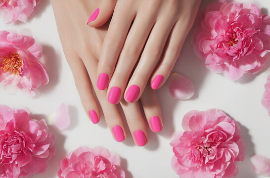 Elegant female hands with fresh pink manicure rest gently on delicate pink flowers. A soft, feminine image perfect for beauty, skincare, nail salons, and lifestyle content.

