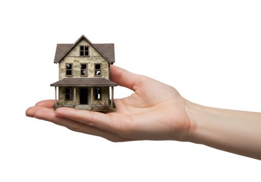 Hand Holding Miniature Ruined House on Transparent Background