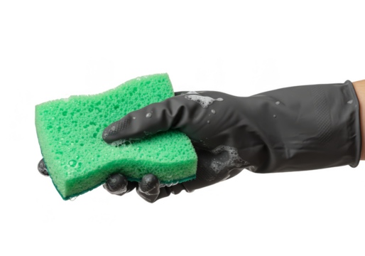 Hand in Black Glove Holding Green Sponge for Cleaning on Transparent