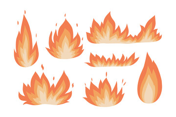Flat vector illustration featuring a set of colorful hand drawn fire and flame elements in various shapes and sizes. Bright stylized icons of burning fire isolated on white background.