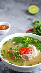 A steaming bowl of hearty soup filled with tender chunks of meat, vibrant carrots, green beans, and potatoes, garnished with fresh herbs.