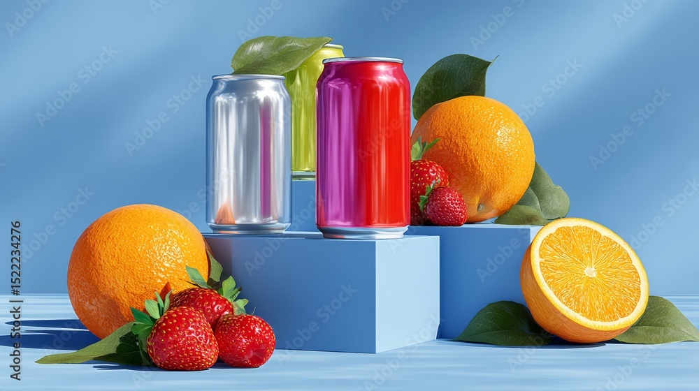 Poster blue box with a silver can and a red can with a green can in between. there are strawberries and ora