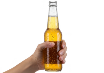 Hand Holding Cold Beer Bottle with Droplets on Transparent Background