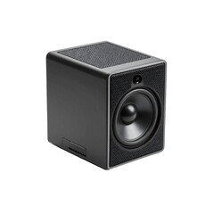 Obraz premium Modern compact black cube speaker audio music system on transparent background