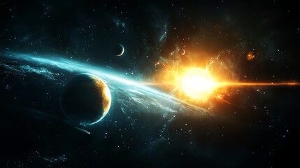 Obraz premium 40.A captivating view of the solar system with the sun illuminating the planets in a perfect alignment. The planets, from Mercury to Neptune, are shown with various atmospheric and surface details,