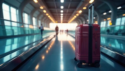 Sleek rolling suitcase on a modern airport conveyor belt , red, check-in luggage, reliable