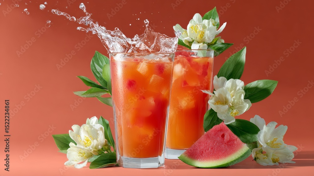 Poster two glasses of watermelon juice with a splash of water on the table. the juice is served in a glass 