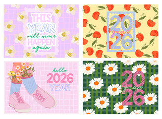 Set of vector art prints and posters themed around 2026. Features motivational quotes, cherry and daisy patterns, seasonal elements, and hand-drawn typography. Perfect for wall decor, planners