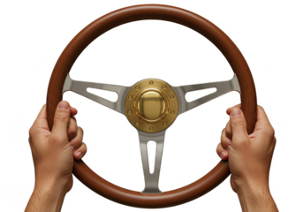 Illustration of Classic Wooden Steering Wheel in Hands isolated Background