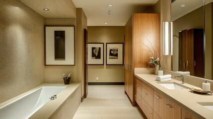 Bathroom with cabinet, wooden vanity, tall storage, clean decor