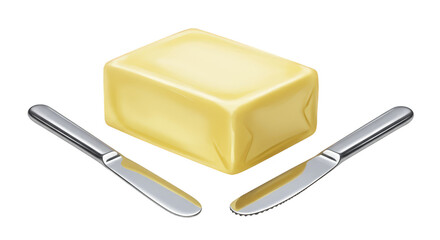 Illustration Fresh Yellow Butter Block and Knife Set on Transparent Background