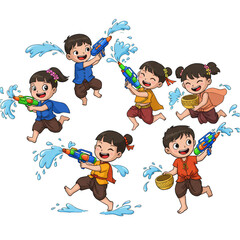 Illustration of Children Playing Water Gun with Songkran Festival Thai