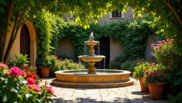 Sun-drenched Andalusian garden, vibrant flowers, ornate fountain, terracotta pots , Andalusia, garden, Spanish style