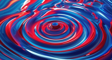 Vibrant Abstract Ripple Effect Artwork with Blue and Red Concentric Circles and Glossy Texture