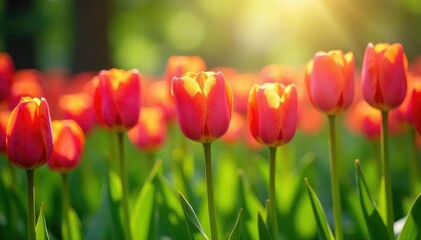Obraz premium Sunlight dappled on vibrant tulips, lush green grass , new, petals