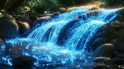 Magical cascade: luminous waterfall flowing through lush forest scenery