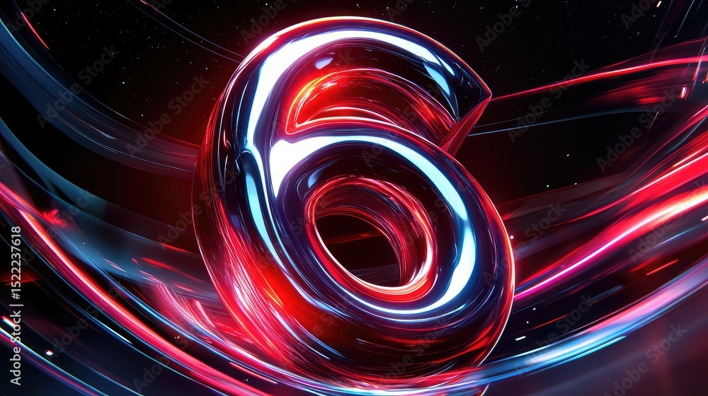 Poster abstract 3d illustration of the number six created with glossy materials and illuminated with vibran