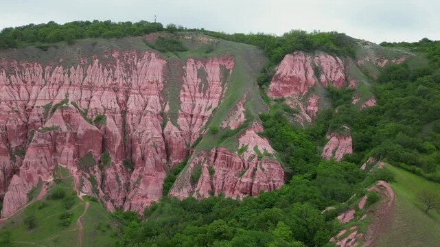Aerial view: Lush vegetation surrounds the pink cliffs of Rapa Rosie mountain in Romania
