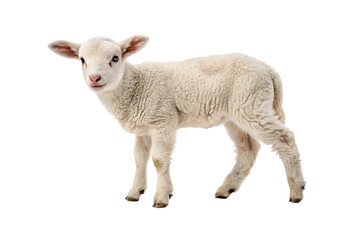 Fototapeta premium Young white lamb with woolly fleece standing upright showing pink nose and alert ears, isolated on a transparent background