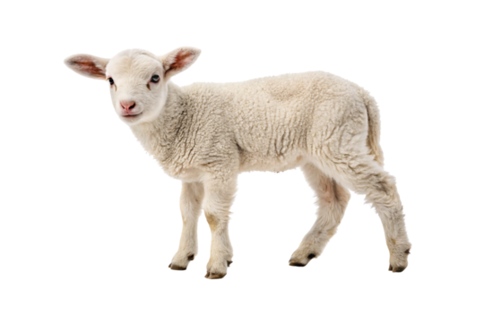 Young white lamb with woolly fleece standing upright showing pink nose and alert ears, isolated on a transparent background
