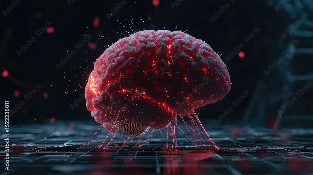 Aufkleber futuristic digital brain concept with glowing neural connections and sparkling particles on a high-t