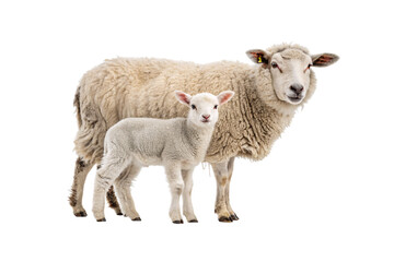 Fototapeta premium Adult white sheep with thick woolly fleece standing protectively beside small white lamb offspring, isolated on a transparent background