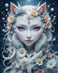A white cat with striking blue eyes adorned with a floral crown, showcasing a playful and charming expression.