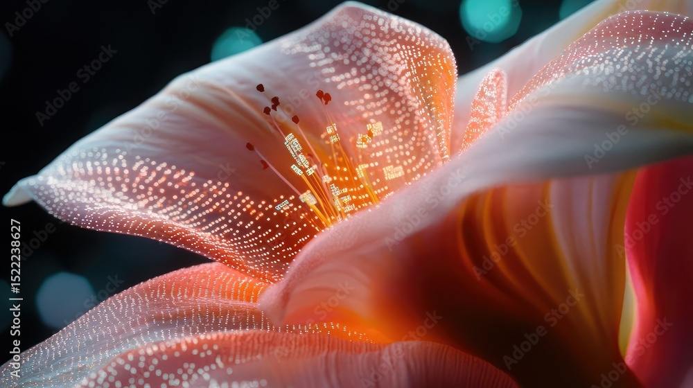 Poster ethereal digital flower blooming in abstract background with soft colors and glowing particles, symb