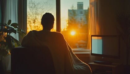 Silhouette of a person looking out a window at sunset.