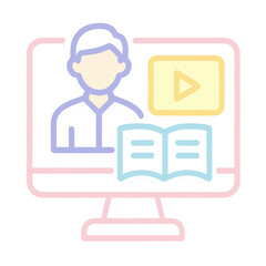 Fototapeta premium A person on a computer screen with a play button and an open book, representing online learning or digital education.