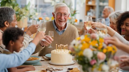 Family gathers around a table filled with delicious food, raising glasses in a toast to celebrate a grandparent’s special birthday with cake, laughter, and love throughout the room