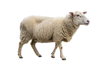 Fototapeta premium White woolly sheep standing in profile view with thick fleece coat, isolated on a transparent background