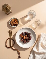 Flat Lay of Eid Table Setting: Prayer Beads, Date Bowl, Traditional Sweets, and Lantern....