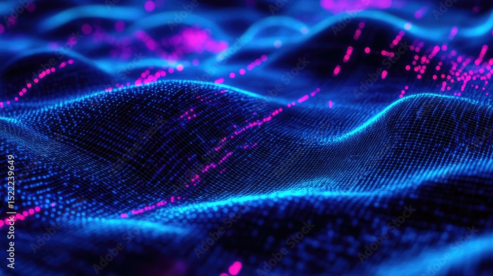 Poster create a vibrant and dynamic visualization of abstract wave patterns with neon blue and pink lights 