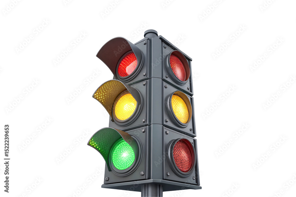 Poster four-way traffic light with red, yellow and green lights illuminated showing all colors simultaneous