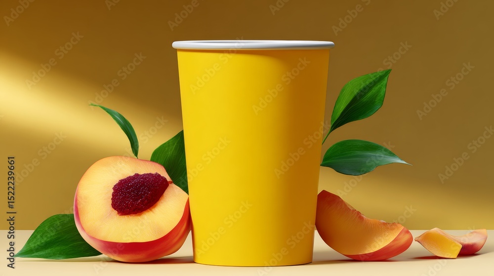 Poster yellow cup with a peach in it sits on a table with a slice of peach on the table