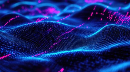 Create a Vibrant and Dynamic Visualization of Abstract Wave Patterns with Neon Blue and Pink Lights in a Digital Space Environment