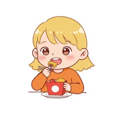 Illustration of Blonde Girl Eating Food with Orange Shirt and Plate