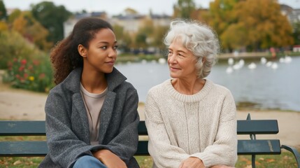 Fototapeta premium A young woman and an older lady share a moment of reflection on a park bench by a tranquil lake. The golden autumn leaves surround them as they engage in a deep conversation