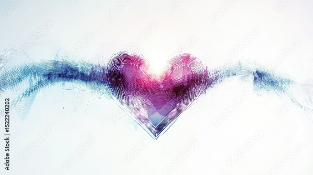 Poster abstract design of a glowing heart shape surrounded by colorful wave patterns, symbolizing love, emo