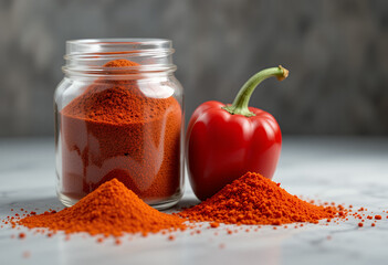 Photorealistic photo of hot red pepper and red pepper powder in a spice jar. Product promotional photo style, professional lighting.