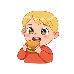 Illustration Of Boy Eating Burger With Orange Shirt And Happy Face