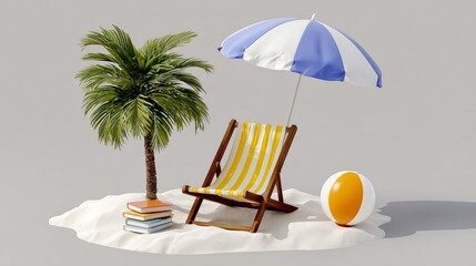 Obraz premium Beach scene with a palm tree, a beach chair, and a beach ball. The scene is bright and cheerful, with the umbrella providing shade and the books on the sand suggesting relaxation and leisure