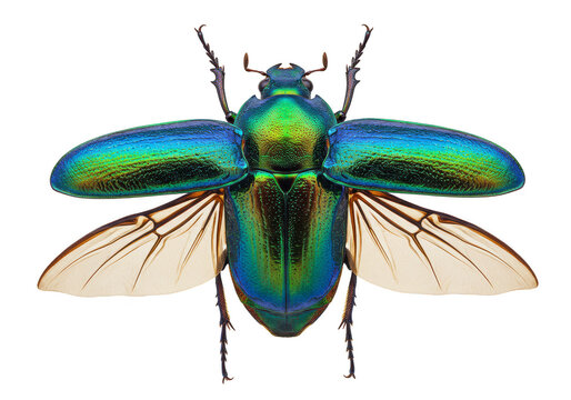 Illustration of Iridescent Green and Blue Beetle with Transparent Wings