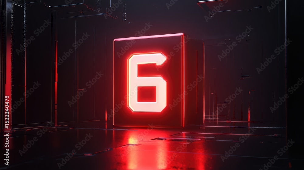 Poster futuristic illuminated number six in a dark, high-tech environment with glowing red lights and digit