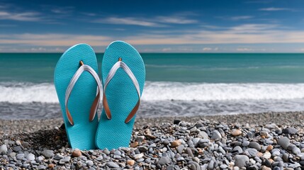 Pair of blue flip flops are laying on the beach. The beach is rocky and the sky is blue