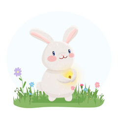 Vector illustration of a smiling beige rabbit with long ears holding a glowing yellow crystal among flowers and grass. Perfect for kids design, fairytales, games, decor and printed products