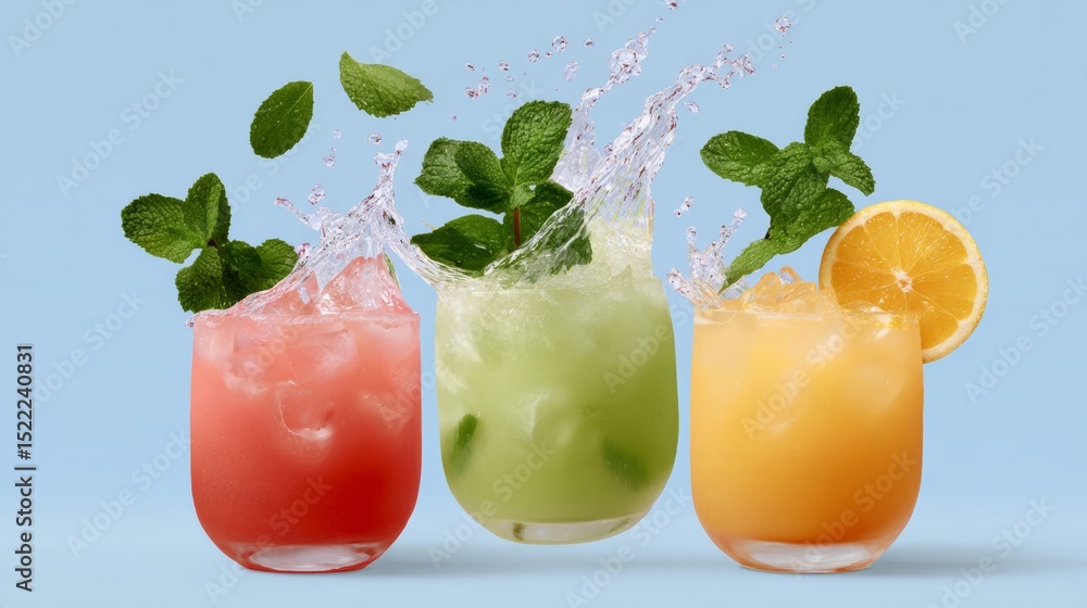 Poster three colorful drinks with ice and fruit in them. the drinks are in three different glasses. the dri