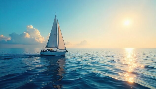 A lone sailboat glides across a vast, tranquil ocean under a clear sky, exhibiting serenity and isolation The image captures the beauty of a solitary journey at sea , uninhabited, sky - Powered by Adobe